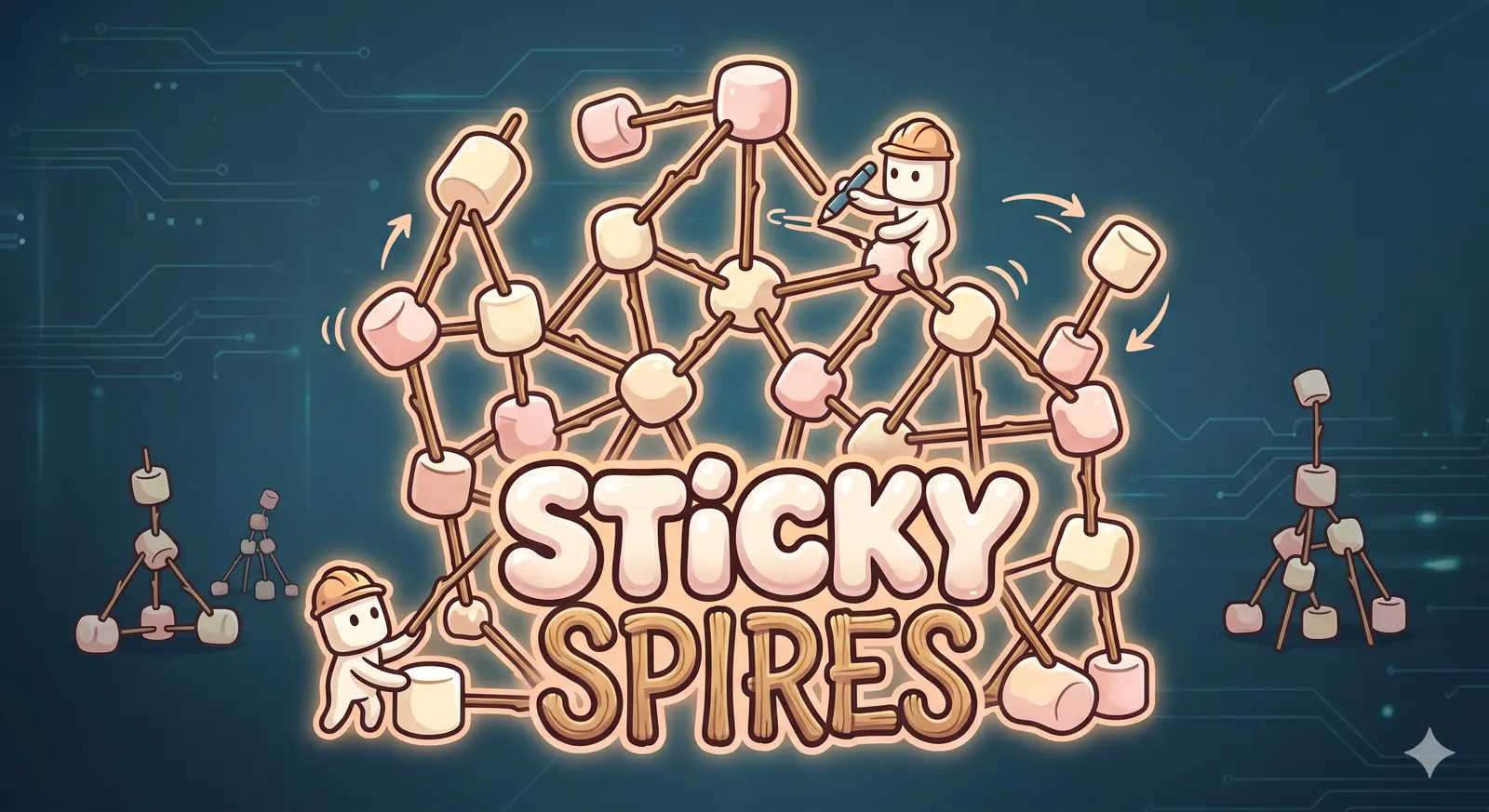 sticky spires — marshmallows and spaghetti tower on a blueprint background
